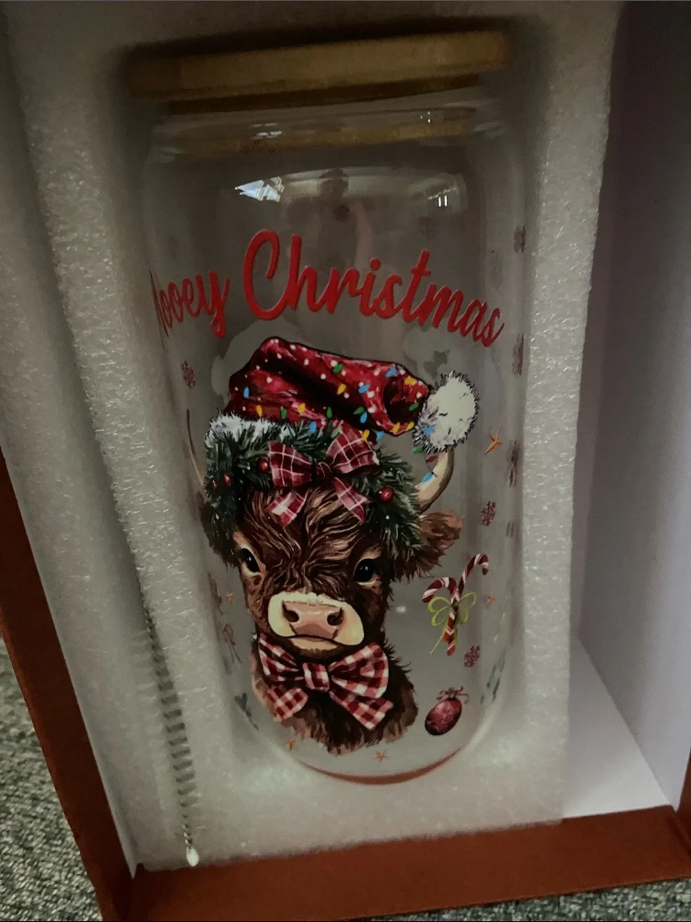 Mooey Christmas Brown Cow Holiday Glass, small bag & Sock Gift Set